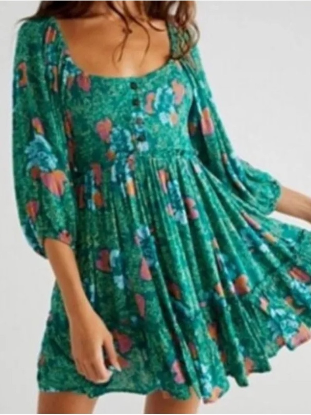 Free People Teal Green Floral Scoop-Neck Mini Dress